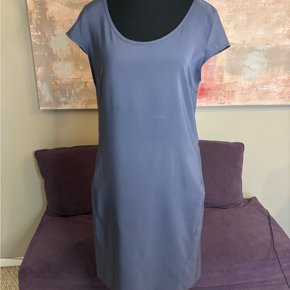 Columbia Blue Sheath Dress with Scoop‎ Neck and Short Sleeves for Casual